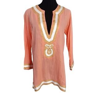 Barbara Gerwitt 100% Linen Tunic V Neck Soutache Embroidered Peach Orange M